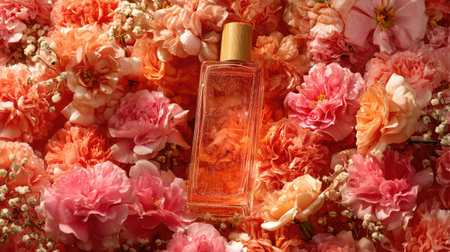 A stunning perfume bottle elegantly placed among vibrant flower petals, creating a captivating scene of beauty and fragrance. Perfect for cosmetic or floral-themed projects.の素材
