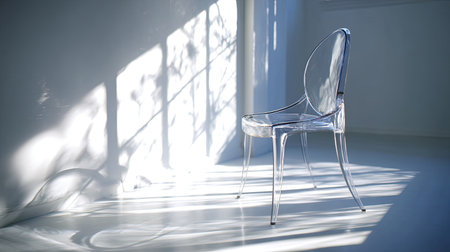 A beautiful clear chair sits in a minimalist room, casting delicate shadows on the floor, creating a serene and peaceful atmosphere perfect for design lovers.の素材