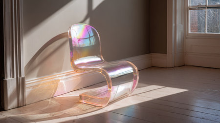 This image features a modern transparent chair that beautifully captures sunlight, casting colorful shadows on the floor, creating a serene and artistic atmosphere.の素材