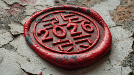 Close-up of a red wax seal featuring the year 2026, resting on a textured, cracked surface. The artisanal quality and vibrant color evoke a sense of nostalgia and tradition.の素材