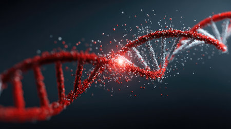Stunning visual of a red DNA helix with sparkling particles against a dark background, symbolizing the intricate beauty of genetics and molecular science.の素材
