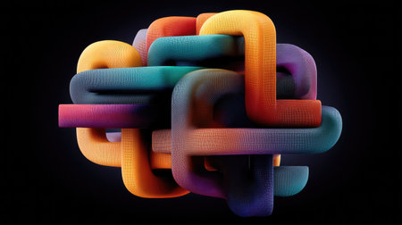 This vibrant 3D abstract knot features smooth curves and a dynamic interplay of colors, creating a visually striking and imaginative design for various applications.の素材