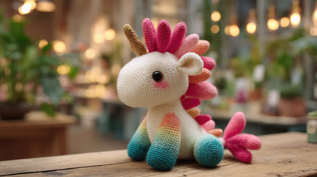 This enchanting crochet unicorn toy features vibrant colors and intricate details. Perfect for children or as a decorative piece, it brings joy and whimsy to any space.の素材