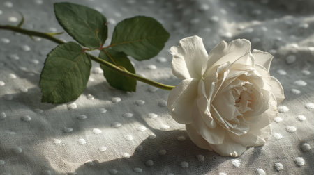 A stunning white rose delicately placed on textured fabric, illuminated by soft light. Perfect for themes of beauty, tranquility, and elegance in floral arrangements.の素材
