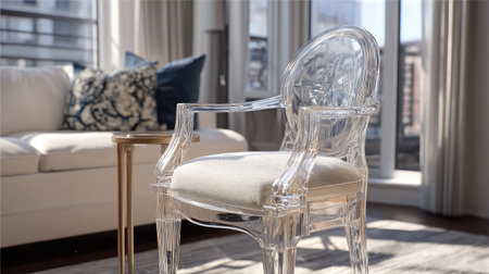 This stunning clear acrylic chair enhances a modern living room, providing a stylish yet comfortable seating option. Its transparency and elegance add a unique touch to any space.の素材