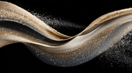 Stunning abstract representation of flowing waves showcasing shimmering gold and silver glitter against a deep black background, evoking a sense of elegance and luxury.の素材