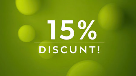 Bright green background featuring bold text reading "15% Discount!" Ideal for promotions, sales, or marketing campaigns aimed at shoppers.の素材