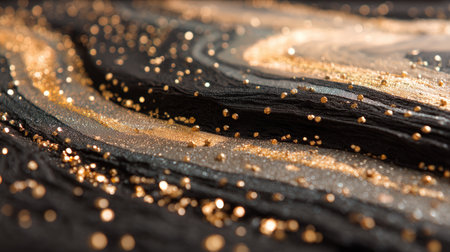 Stunning close-up of shimmering gold glitter on a dark background, creating a mesmerizing artistic texture perfect for modern decor and creative projects.の素材