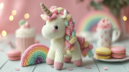 This delightful crochet unicorn features vibrant colors, surrounded by sweet treats and rainbows, perfect for enhancing cozy spaces or gifting to loved ones.の素材