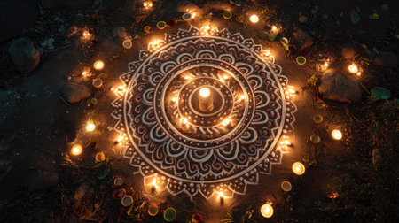 A captivating mandala design illuminated by the soft glow of candles, creating a serene atmosphere. Ideal for themes of spirituality, relaxation, and nature.の素材