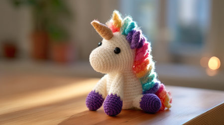 This charming handmade crochet unicorn toy features vibrant colors and a soft texture, perfect for children's play and as a delightful decor piece.の素材