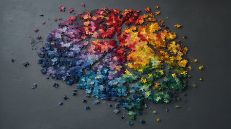 Vibrant puzzle pieces create the shape of a brain, symbolizing creativity and intelligence. The arrangement showcases diverse colors against a dark backdrop.の素材