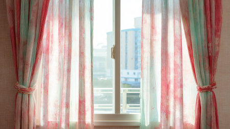Bright and airy scene featuring sheer curtains with colorful patterns, gently illuminated by morning sunlight. Ideal for enhancing a cozy atmosphere in any room.の素材