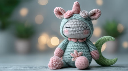 This adorable crocheted unicorn toy features soft colors and floral details. Perfect for childrenの素材