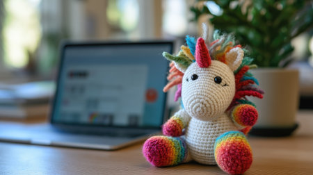 A vibrant crochet unicorn toy sits in a cozy workspace beside a laptop, creating a cheerful atmosphere. Perfect for showcasing creativity and handmade charm.の素材