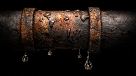 A detailed close-up view of a rusty metal pipe featuring water droplets. The texture of corrosion and wear captures an industrial aesthetic, ideal for various creative projects.の素材
