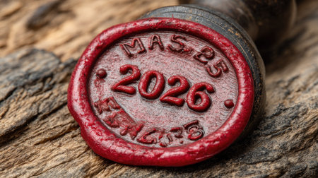 Close-up view of a red wax seal stamp displaying the year 2026, resting on weathered wood. This artistic element represents tradition and craftsmanship, ideal for enhancing correspondence.の素材