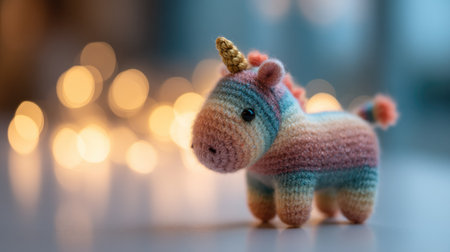 A charming crocheted unicorn toy adorned with vibrant colors and a glitter horn, perfect for decorating a child's room or as a heartfelt gift.の素材