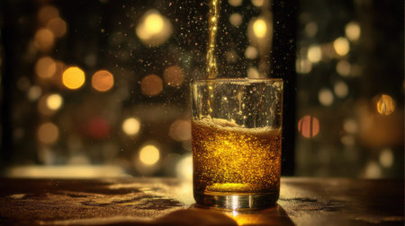 A refreshing carbonated beverage splashes into a glass, creating dynamic bubbles and a vibrant atmosphere. Perfect for conveying enjoyment and celebration.の素材