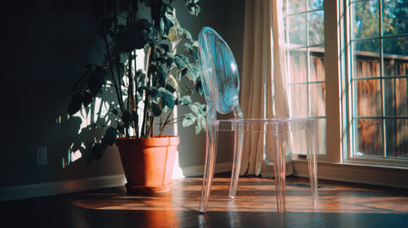 A transparent modern chair stands beside a lush green plant in a sunlit room. The interplay of light and shadow creates a serene ambiance in this stylish interior.の素材