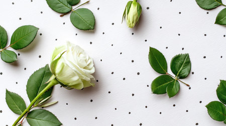 A stunning white rose accompanied by lush green leaves on a polka dot background. This flat lay captures the beauty of nature and simplicity, perfect for decor or design projects.の素材