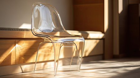 A stylish transparent chair elegantly placed in a modern living room, illuminated by soft natural light. The minimalist design enhances the cozy atmosphere.の素材