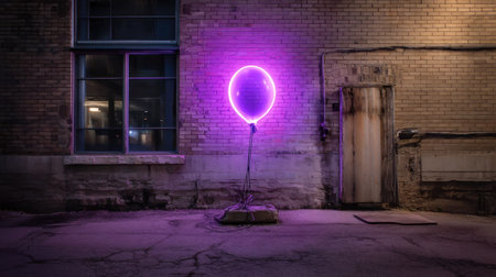 A solitary neon purple balloon emits a vibrant glow in a dimly lit urban alley. The juxtaposition of the soft light against the stark brick wall creates an intriguing atmosphere.の素材