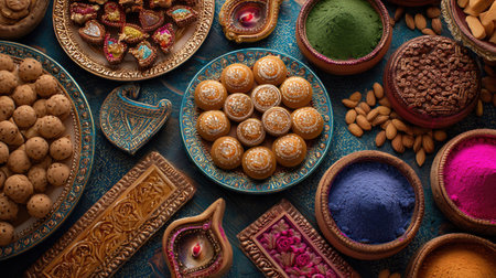 A vibrant collection of traditional Indian sweets and colorful powders displayed on intricate plates, showcasing the rich culture and culinary artistry of festive celebrations.の素材