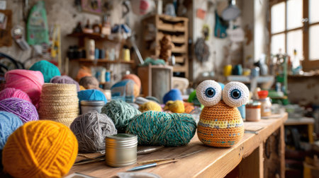 A charming craft room filled with colorful yarn and a cute crochet creature. The vibrant materials and cozy atmosphere inspire creativity and artistic expression.の素材