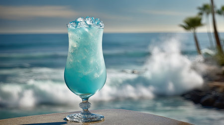 A vibrant blue drink sits elegantly by the ocean, capturing summer vibes. The beautiful beach scene and gentle waves create a refreshing atmosphere perfect for relaxation.の素材