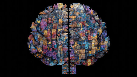 This vibrant artwork features a brain formed from colorful puzzle pieces, symbolizing creativity and complex thought processes. Ideal for psychology and art themes.の素材