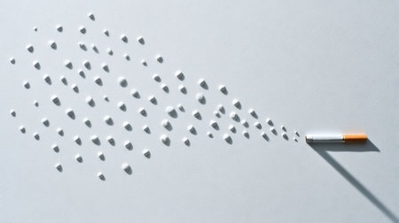 This artistic image features a cigarette casting a unique shadow resembling smoke. A minimalist representation highlighting health concerns and addiction awareness.の素材