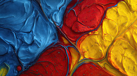 A captivating fluid art piece featuring bold blue, red, and yellow hues. The smooth textures and vibrant colors create an eye-catching visual experience perfect for various design projects.の素材