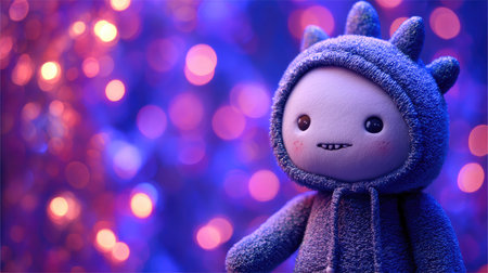 A charming plush toy with spikes smiles softly in a vibrant bokeh background, radiating warmth and joy perfect for a whimsical theme or childhood memories.の素材