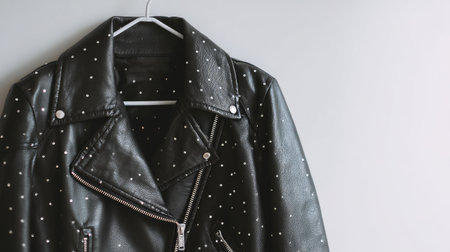 A stylish black leather jacket adorned with unique polka dots showcases modern fashion trends. Perfect for creating a chic and edgy look.の素材