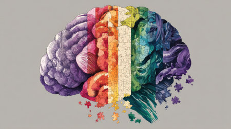 This vibrant illustration depicts a brain with colorful sections and puzzle pieces, representing creativity and mental processes in artful detail.の素材