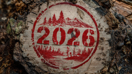 This image features a red circular stamp with the year 2026, set against a textured wooden slice surrounded by nature, evoking themes of adventure and sustainability.の素材