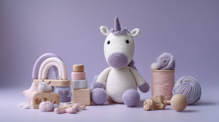 Adorable crocheted unicorn toy surrounded by pastel accessories. Perfect for baby nurseries or as a unique gift for children, this colorful composition inspires creativity and warmth.の素材