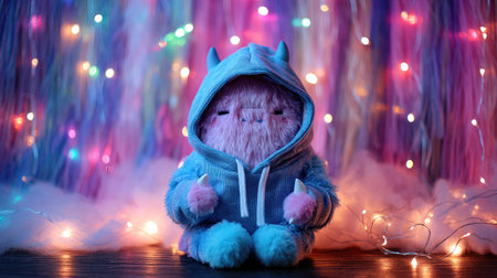 Adorable plush monster in a cozy blue hoodie sits against a vibrant backdrop filled with colorful lights, creating a whimsical and playful atmosphere perfect for children's themes.の素材