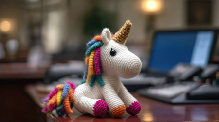 A charming crocheted unicorn with bright colors sits on a desk, ideal for adding a whimsical touch to any office space. Perfect for creative decor!の素材
