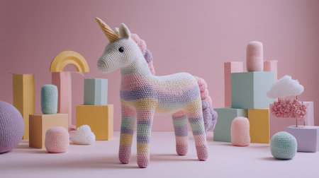 A playful crochet unicorn stands proudly in front of colorful pastel blocks, creating a whimsical and imaginative atmosphere suitable for children's decor or playful art displays.の素材