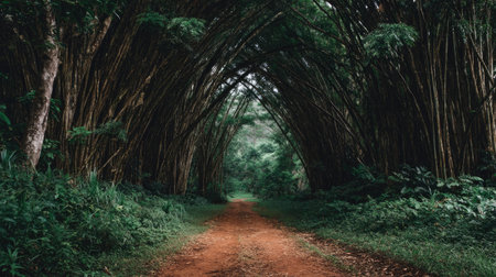Discover a tranquil pathway meandering through a vibrant bamboo forest. Lush greenery surrounds the dirt road, inviting exploration and connection with nature.の素材