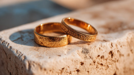 Two exquisite gold wedding rings rest on a rustic stone surface, symbolizing love and commitment. Their intricate design and warm tones evoke elegance and tradition.の素材