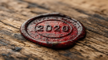 This image showcases a vintage wax seal imprinted with the year 2020, lying on a textured wooden surface, exuding a sense of nostalgia and craftsmanship.の素材