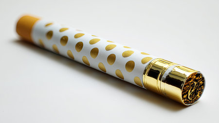 A stylish golden polka dot gift wrapping paper tube perfect for presents, adding an elegant touch to any occasion. Ideal for birthdays, holidays, and celebrations.の素材