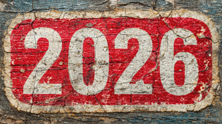 Close-up image of a textured red sign featuring the number 2026, set against a weathered wooden background, showcasing artistic details and rustic charm.の素材