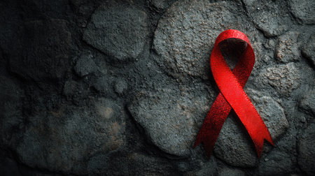 A vibrant red ribbon placed against a textured stone background symbolizes awareness and support for health initiatives and community outreach efforts.の素材