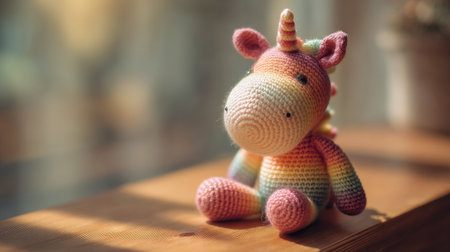 This charming crochet unicorn toy features a vibrant rainbow design. Perfect for children's rooms or as a whimsical decoration, it brings joy and creativity to any space.の素材