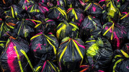 A striking image showing a chaotic pile of plastic trash bags decorated with vibrant neon stripes. Perfect for themes of waste management and urban lifestyles.の素材