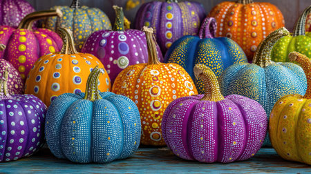 A stunning collection of colorful hand-painted pumpkins featuring intricate dot patterns. Perfect for autumn decoration and seasonal festivities.の素材